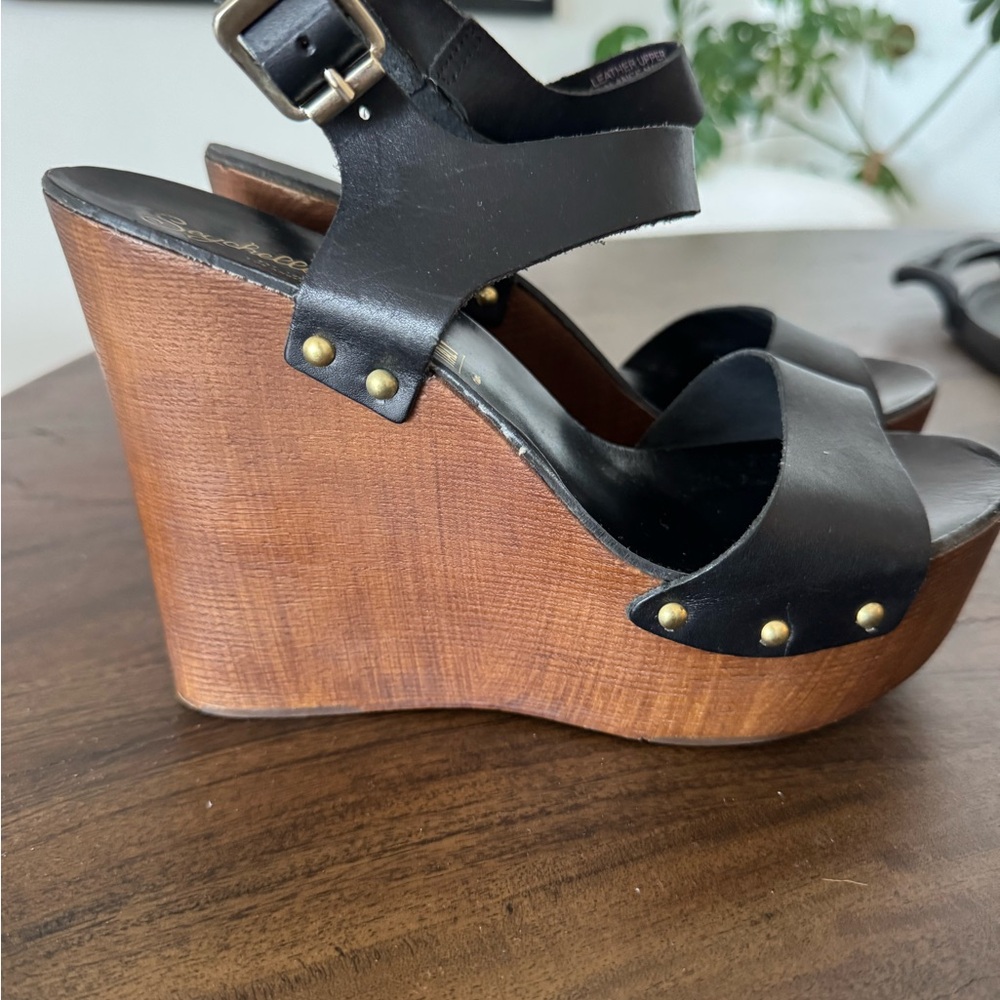Seychelles Black and Brown Wedge Sandals with Stud Detailing